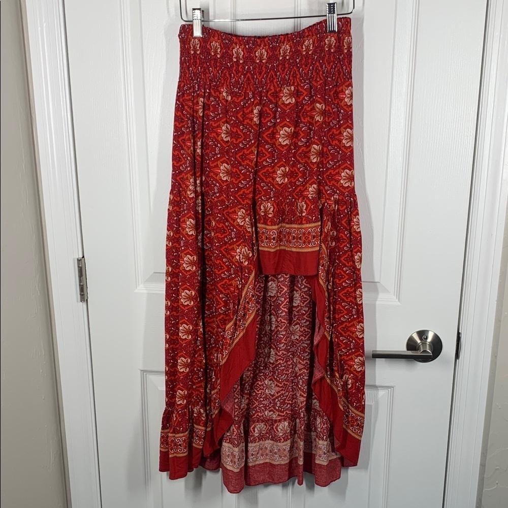 BTFBM High low boho print red skirt size small